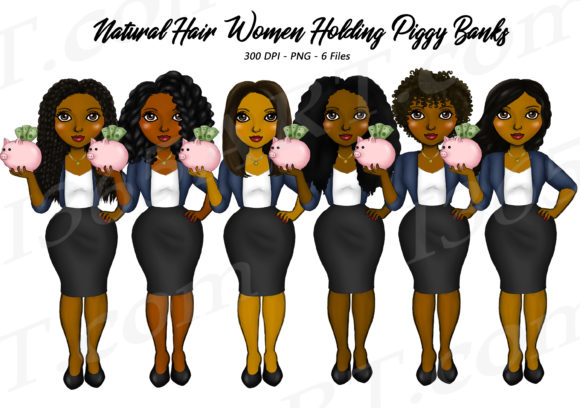 Black Women Holding Piggy Banks Clipart: Vibrant Design Assets