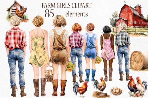 Charming Watercolor Farm Girls Clipart for Creative Projects