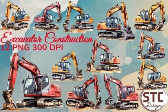 Excavator Watercolor Sublimation Bundle: Industrial Charm Meets Artistic Flair
