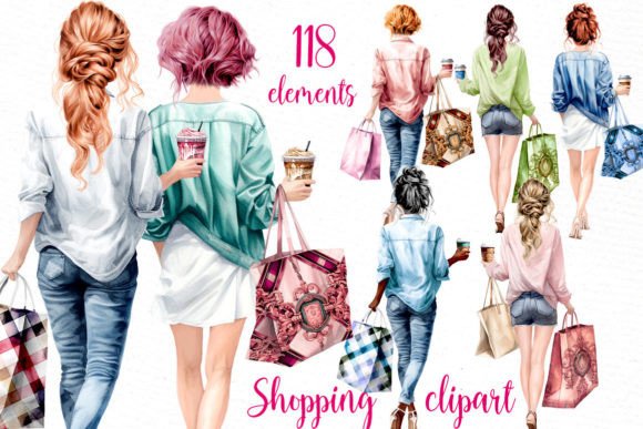 Shopping Girl Clipart: Hand-Painted Charm for Modern Designs